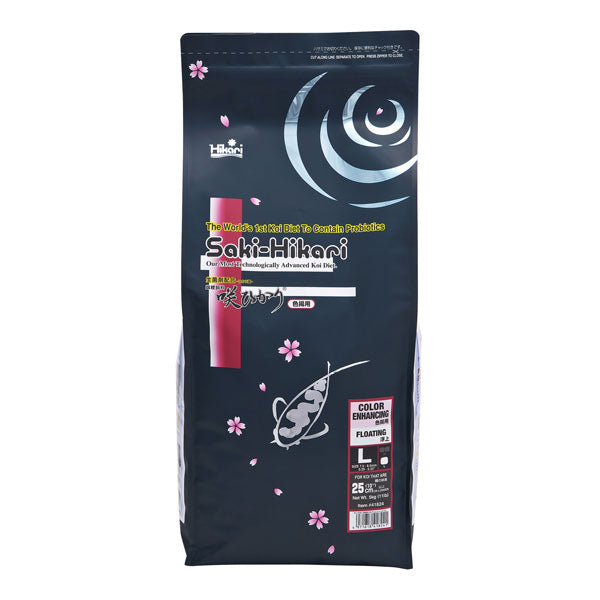 A bag of Sakai Hikari Saki Hikari Advanced Red Fish food, size Large (L), featuring a dark navy blue package with pink cherry blossoms, a red vertical bar, and a koi fish illustration.